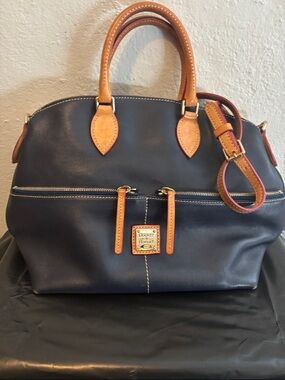 Dooney & Bourke Leather Navy Satchel with Tan Trim and Gold Hardware